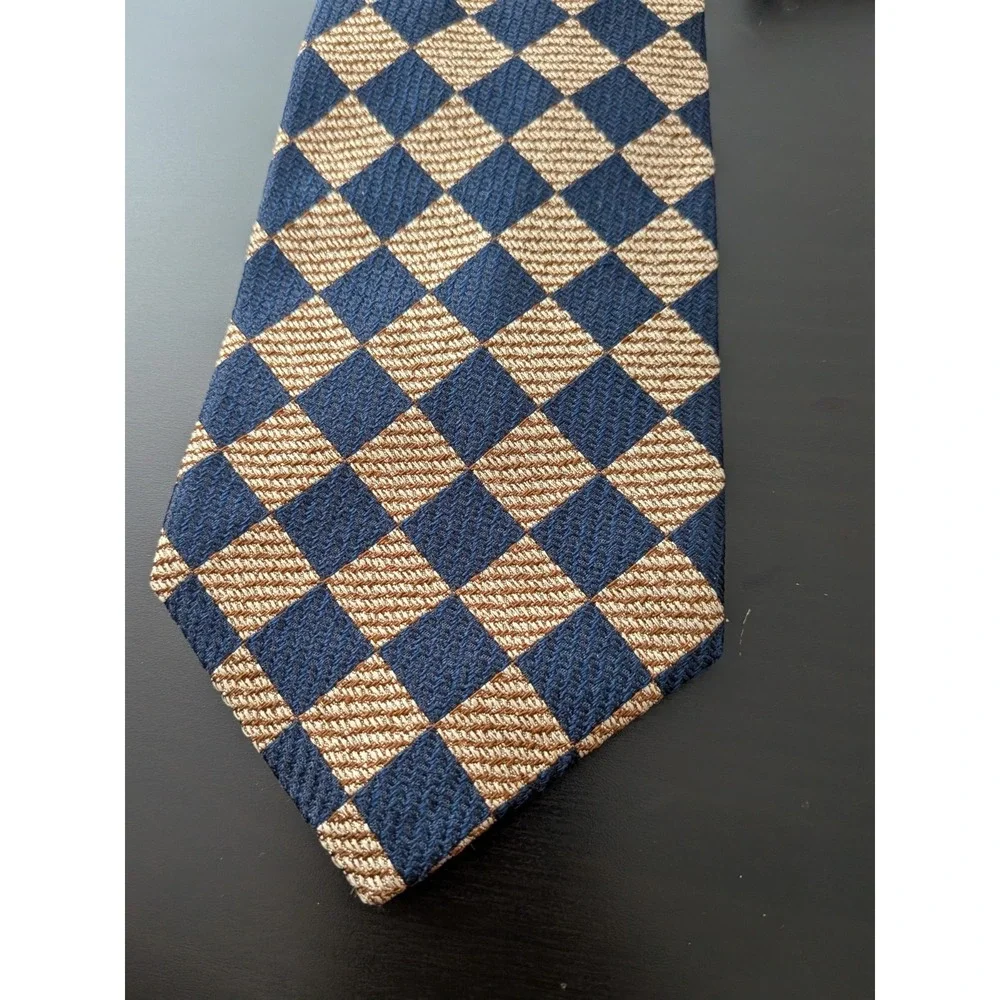 Paul Frederick Tie Italian Silk USA Made‎ Blue Beige Diamonds Jacquard 58